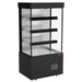 New Air NOM-40-HT triple shelf 40-inch open heated merchandiser, black cabinet with glass sides, angled view