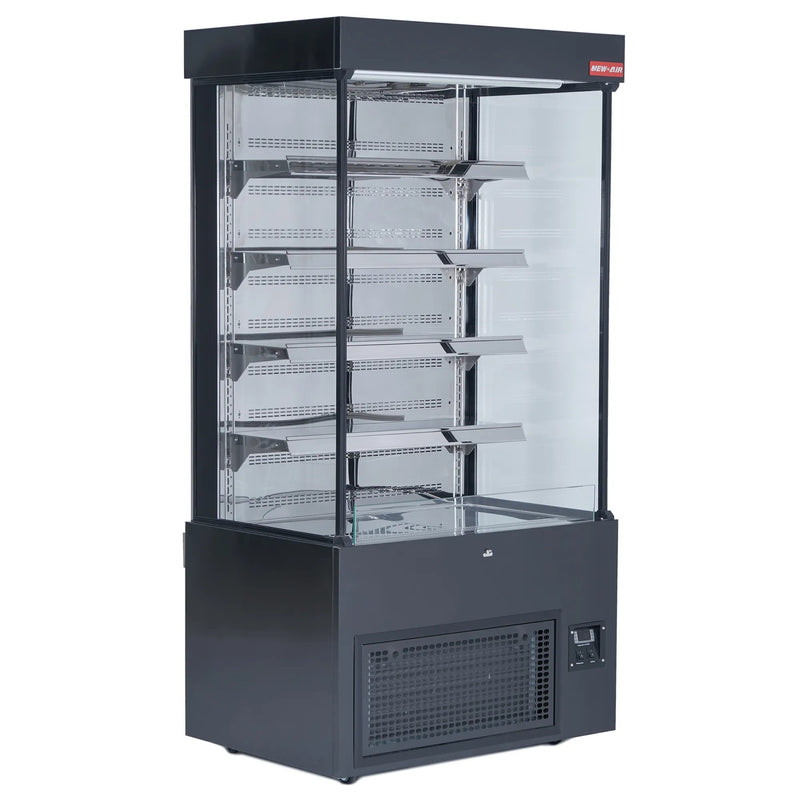 New Air NOM-40-S 40-inch open air refrigerated merchandiser, black cabinet with glass sides and wire shelves