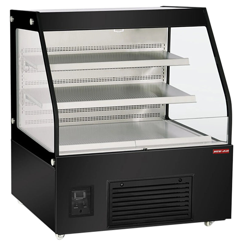 New Air NOM-48-CDS mid profile 47-inch open air refrigerated merchandiser, black cabinet with glass end panels