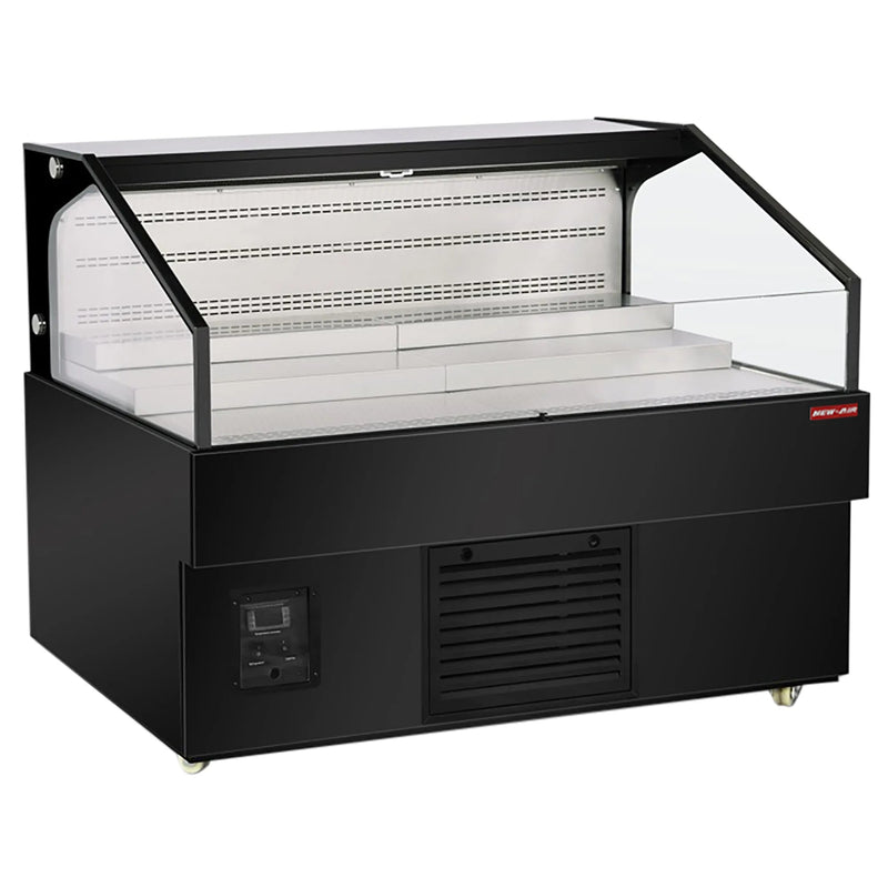 New Air NOM-52-LSB low profile 51-inch open air refrigerator, black cabinet with glass sides and tiered shelves