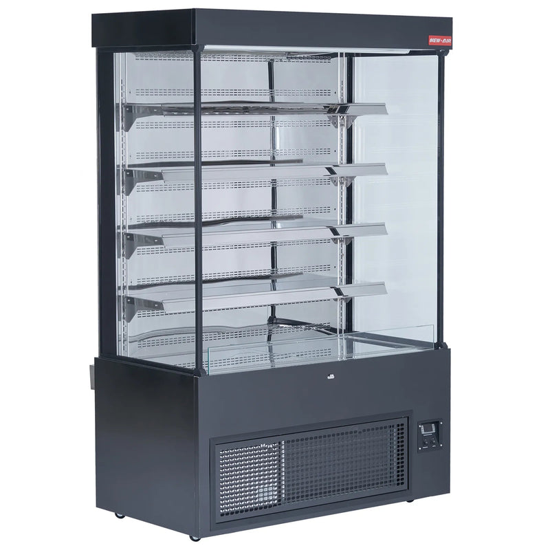 New Air NOM-52-S 52-inch open air refrigerator, black merchandiser with glass side panels and four wire shelves