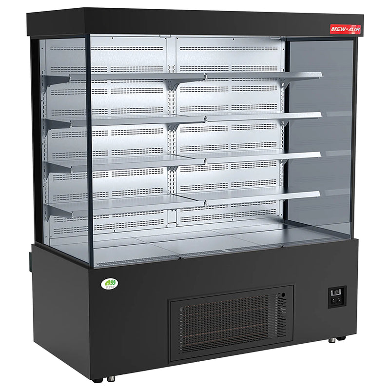 New Air NOM-59-S 59-inch open air refrigerated merchandiser, black cabinet with lit interior and wire shelving