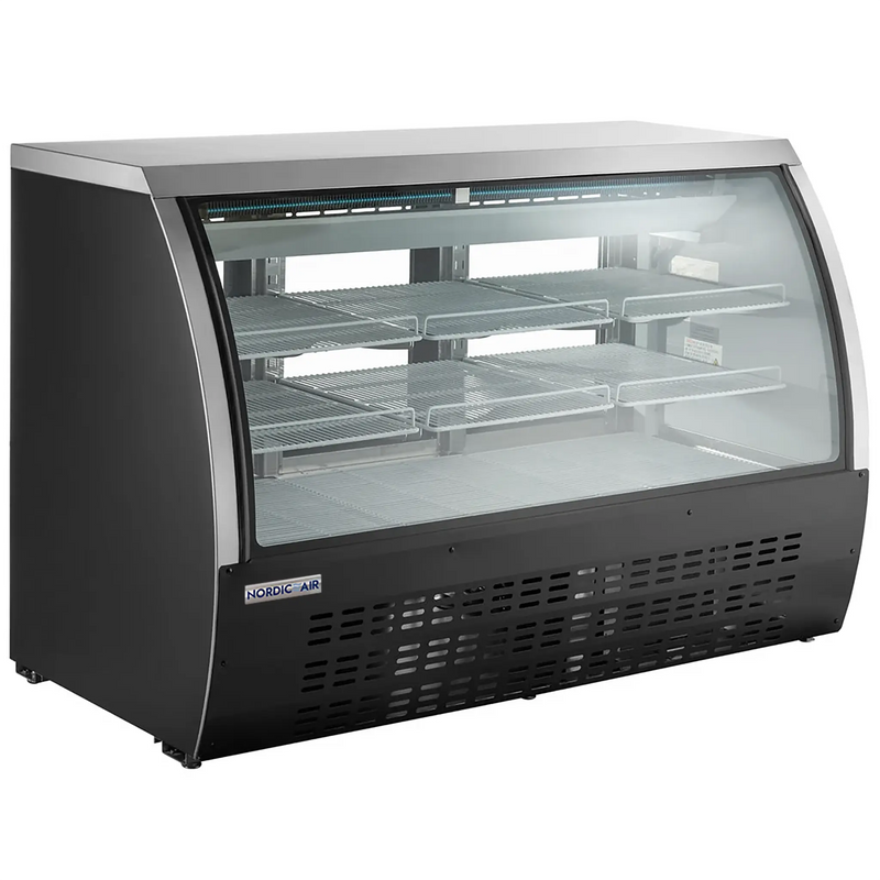 Nordic Air DDC-64 64-inch curved glass refrigerated deli case with black exterior and glass shelves, angled view