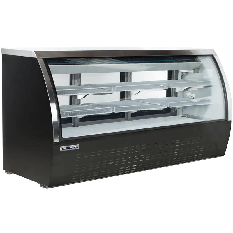 Nordic Air DDC-79 79-inch black curved glass refrigerated deli case with lighted glass shelves, angled view
