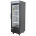 Nordic Air GFM-15C single swing glass door display freezer in black with lit header, angled right view