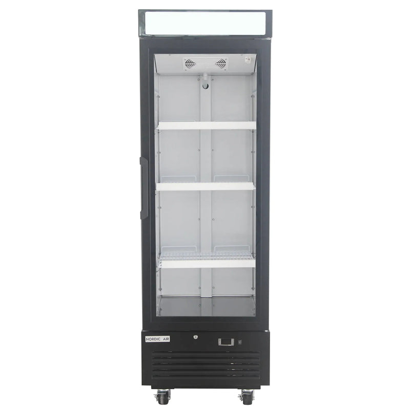 Nordic Air GFM-15C single swing glass door 25-inch wide black display freezer with lit header, front view