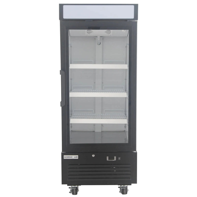 Nordic Air GRM-12C single door 25-inch wide black glass display refrigerator with lit header, front view