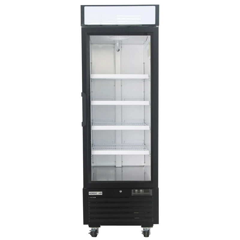 Nordic Air GRM-22C and GRM-25C single door black glass display refrigerator with lit header, front view