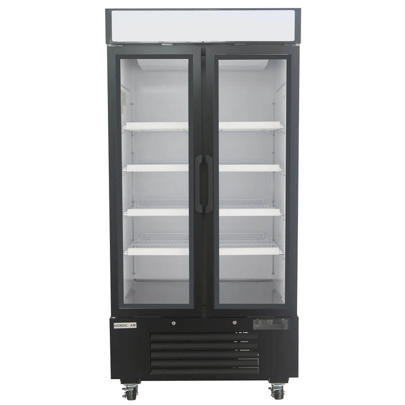 Nordic Air GRM-34C double door 40-inch wide black glass display refrigerator with lit header, front view