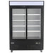 Nordic Air GRM-46C-S double sliding glass door 54-inch wide black display refrigerator with lit header, front view