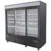 Nordic Air GRM-67C-S triple sliding glass door display refrigerator in black on casters, angled left view