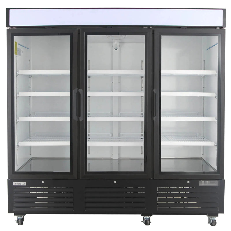 Nordic Air GRM-73C triple door 81-inch wide black glass display refrigerator with lit header, front view