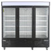Nordic Air GRM-73C triple door 81-inch wide black glass display refrigerator with lit header, front view
