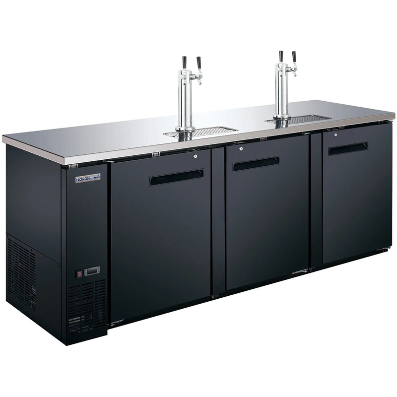Nordic Air KGR-28-90 90-inch three door black keg beer dispensing cooler with two double tap towers, angled view