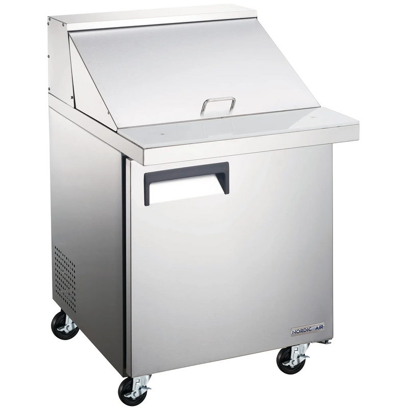 Nordic Air MSPT-28-12 28-inch single door stainless steel mega top sandwich prep table with lid closed, on casters