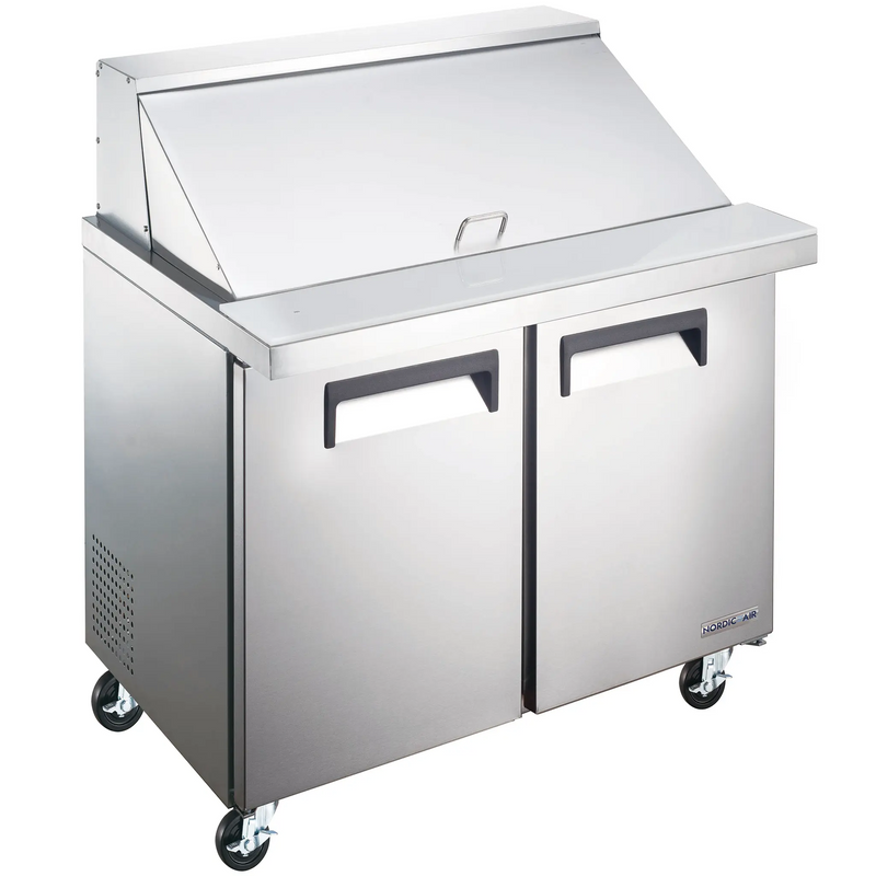 Nordic Air MSPT-36-15 36-inch two door stainless steel mega top sandwich prep table with lid closed, angled view