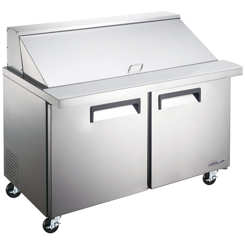 Nordic Air MSPT-47-18 47-inch two door stainless steel mega top sandwich prep table with lid closed, angled view