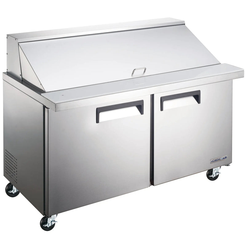 Nordic Air MSPT-60-24 60-inch two door stainless steel mega top sandwich prep table with lid closed, on casters