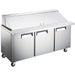 Nordic Air MSPT-70-30 70-inch three door stainless steel mega top sandwich prep table with lid closed, on casters