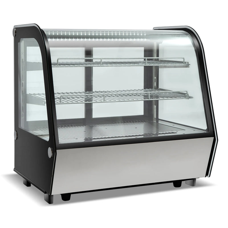 Nordic Air NCCP-28 28-inch countertop curved glass refrigerated pastry display case, black and stainless, angled left