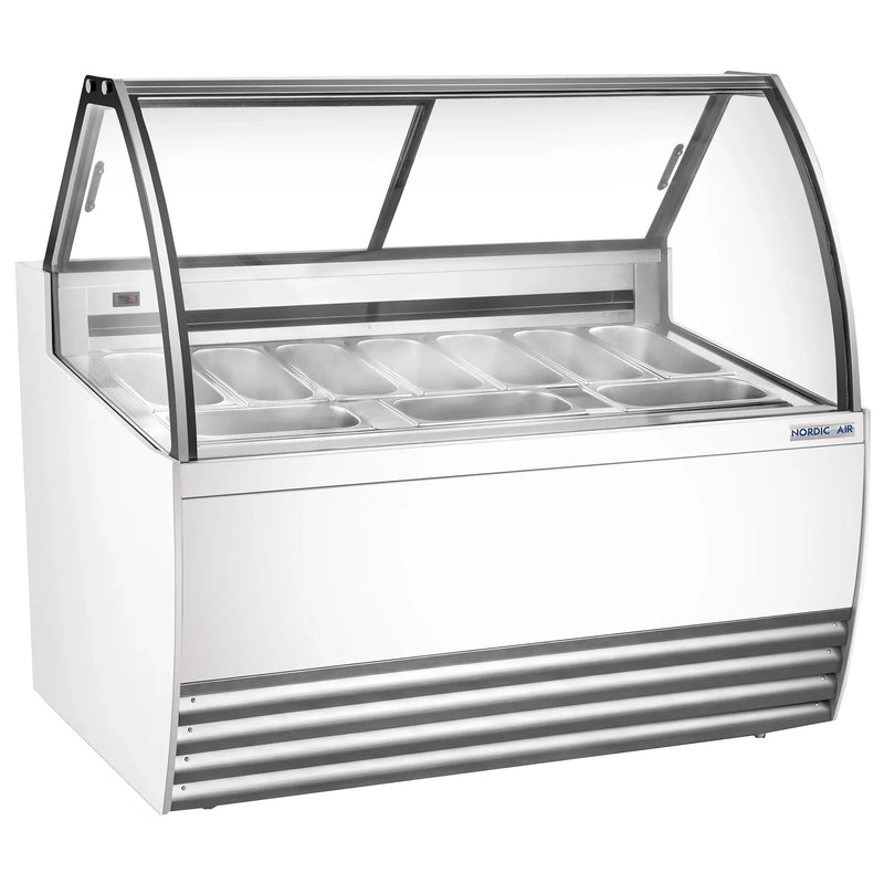 Nordic Air NGEL-10-COMP 55-inch gelato dipping freezer in white with curved glass sneeze guard, angled view