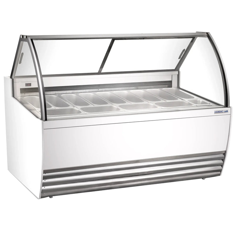 Nordic Air NGEL-13-COMP 69-inch white gelato dipping freezer with curved glass sneeze guard, angled view
