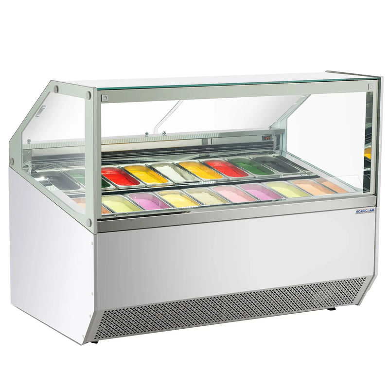 Nordic Air NGEL-18 68-inch gelato dipping freezer with straight glass canopy, shown filled with gelato pans