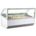 Nordic Air NGEL-24 88-inch gelato dipping freezer in white with straight glass canopy and filled gelato pans
