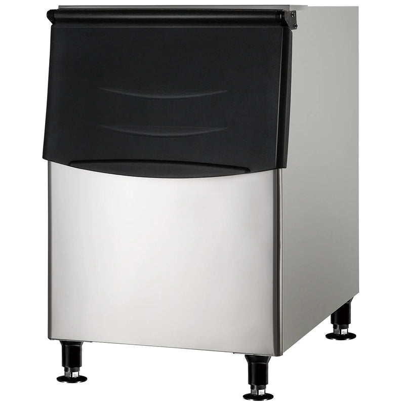 Nordic Air NIB-375 30-inch stainless steel ice storage bin with black door for modular ice machines, angled view