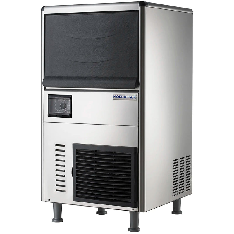 Nordic Air NIM-132F flake ice machine with stainless steel cabinet, black bin door and front vent, angled view