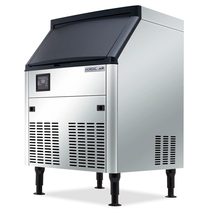 Nordic Air NIM-210C stainless steel cube ice machine with 80 lb built-in storage bin and black top, angled view