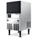 Nordic Air NIM-80C cube ice machine, stainless steel cabinet with black top and bin door on legs, angled view