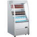 Nordic Air NOR-190 open air 28-inch refrigerator shown stocked with canned drinks and bottled beverages