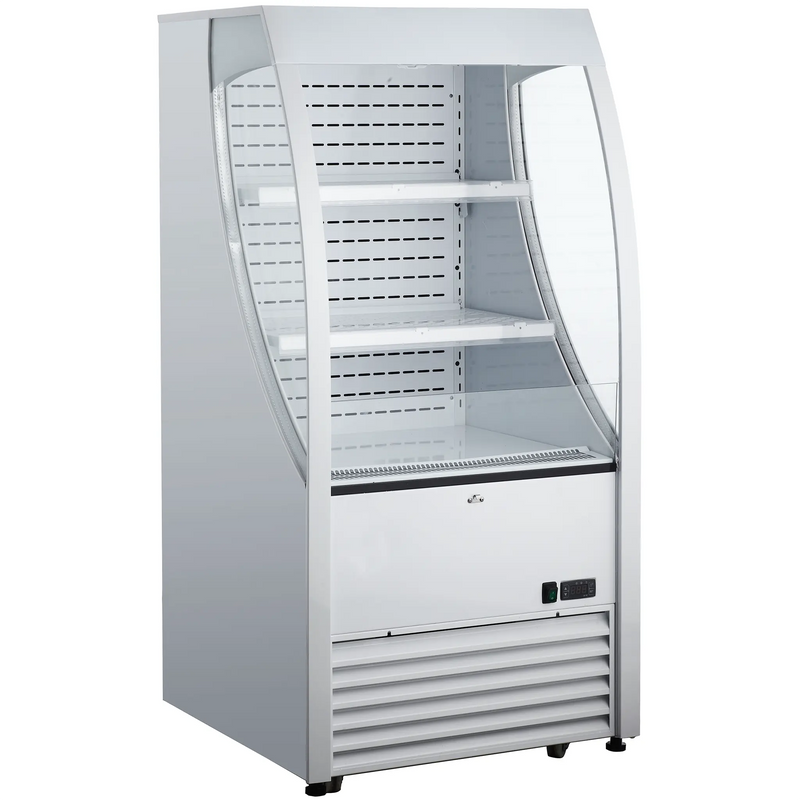 Nordic Air NOR-190 open air 28-inch wide refrigerator in white with three shelves, empty, angled view