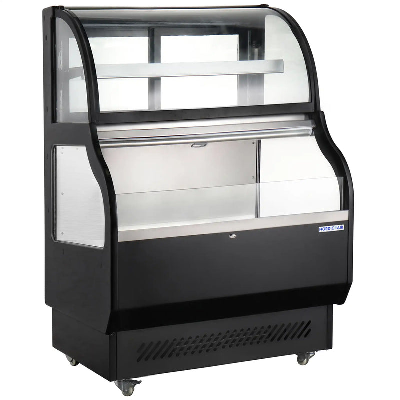 Nordic Air NOR-410-RT 39-inch black open air refrigerated merchandiser with curved glass closed top display