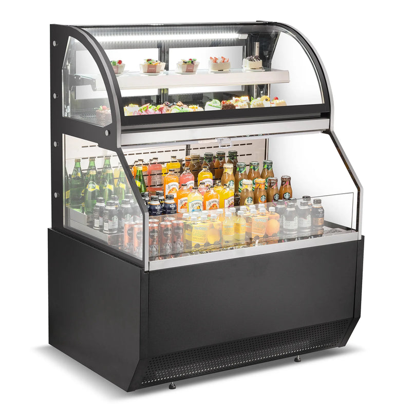 Nordic Air NOR-47-RT open air 47-inch refrigerator with top display, shown stocked with drinks and pastries