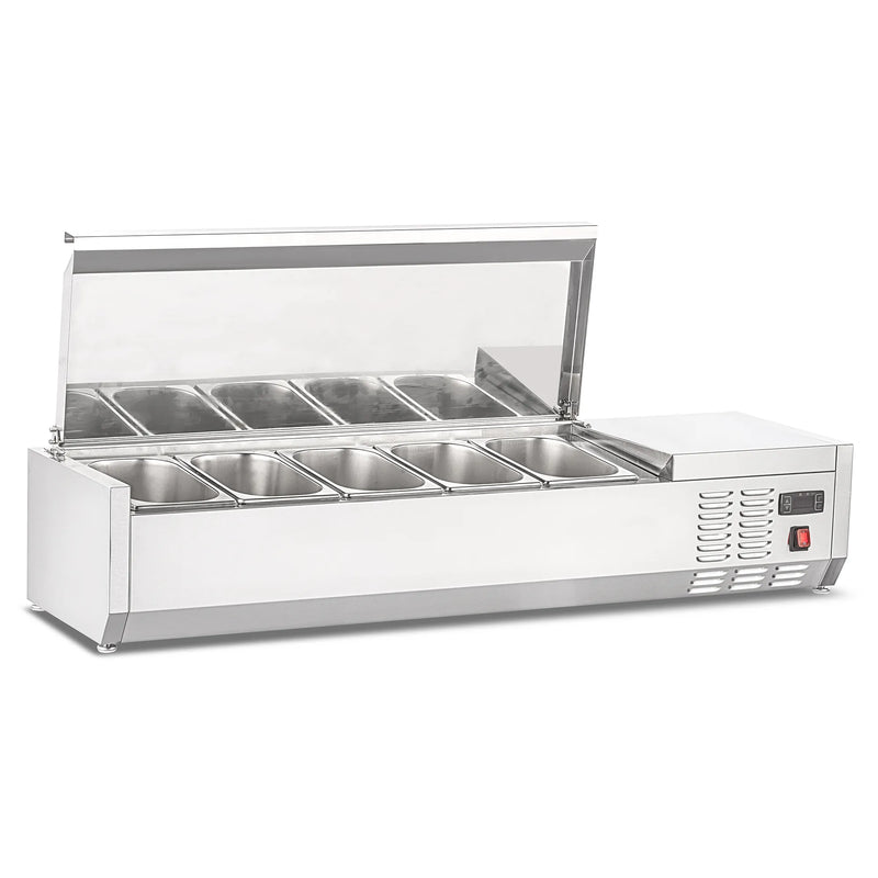 Nordic Air NTR-47 refrigerated 47-inch topping rail with cover raised showing pans and digital controller