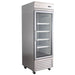 Nordic Air SGR-22C stainless steel glass door refrigerator with white shelves on casters, angled left view