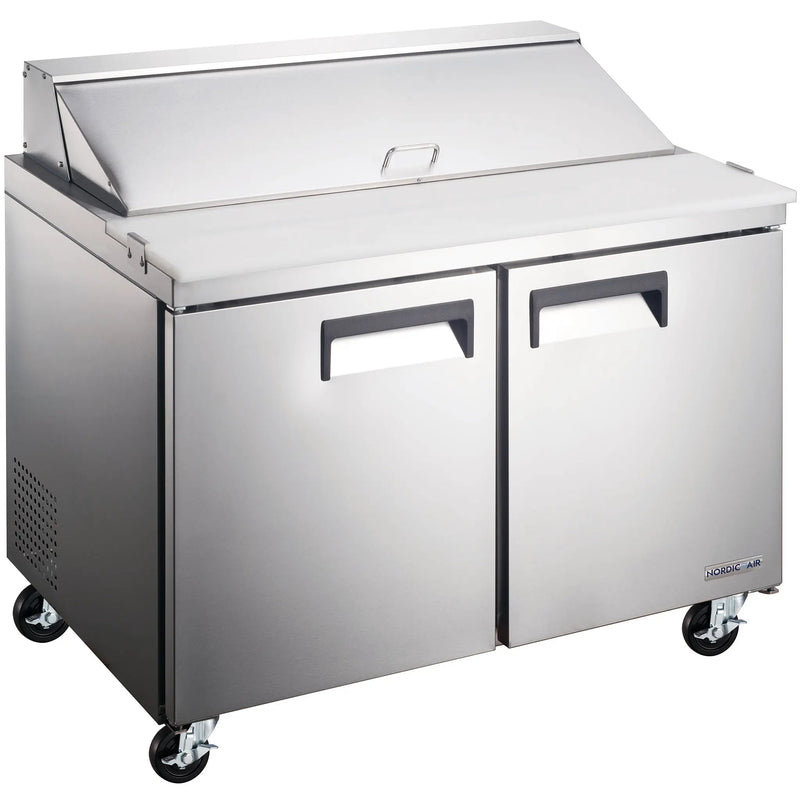 Nordic Air SPT-47-12 47-inch two door stainless steel refrigerated sandwich prep table with lid closed, angled view