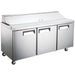 Nordic Air SPT-70-18 70-inch three door stainless steel refrigerated sandwich prep table with lid closed, on casters