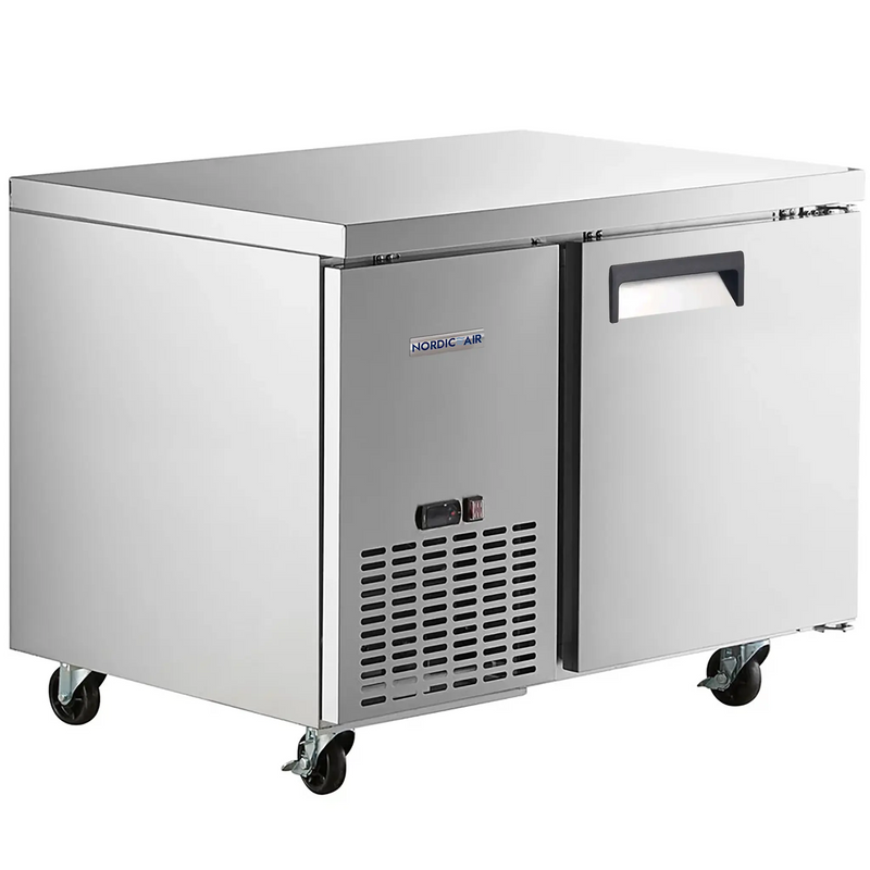 Nordic Air UCRS-44 single door 44-inch side mounted refrigerated work table in stainless steel, angled view