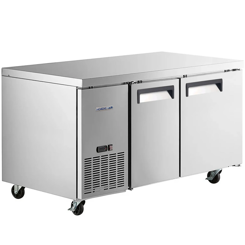 Nordic Air UCRS-60 double door 60-inch side mounted refrigerated work table in stainless steel, angled view