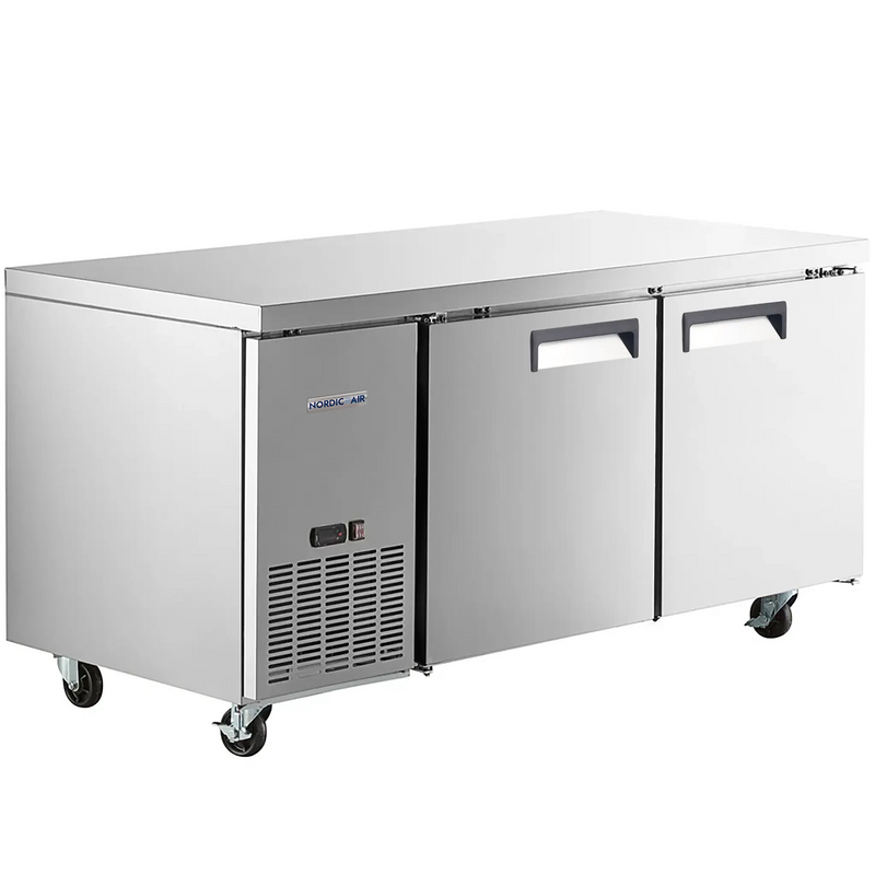 Nordic Air UCRS-67 double door 67-inch side mounted refrigerated work table in stainless steel, angled view