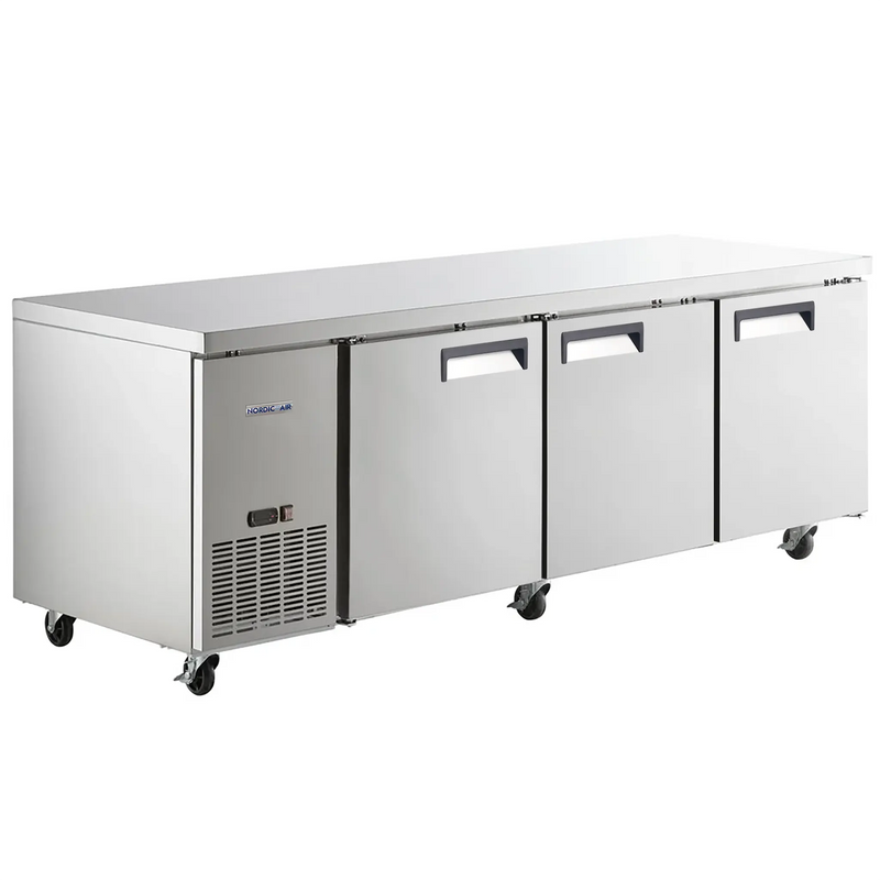 Nordic Air UCRS-94 triple door 94-inch side mounted refrigerated work table in stainless steel, angled view