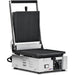Omcan 11375 Elite Series single small 10 x 9 inch panini grill, 110V, ribbed top and smooth flat bottom plate, lid open