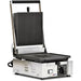 Omcan 11375 Elite Series single small 10 x 9 inch panini grill, 110V, ribbed top and ribbed bottom plates, lid open