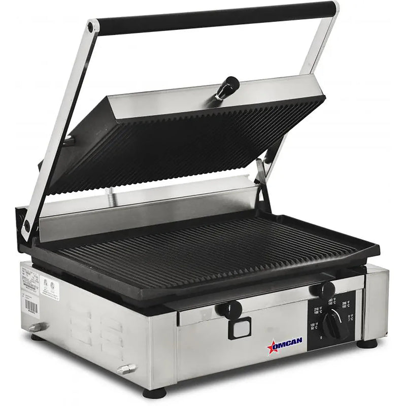 Omcan 11377 Elite Series single large 10 x 14 inch ribbed panini grill, 110V, cast iron ribbed plates with lid open