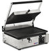 Omcan 11377 Elite Series single large 10 x 14 inch ribbed panini grill, 110V, cast iron ribbed plates with lid open
