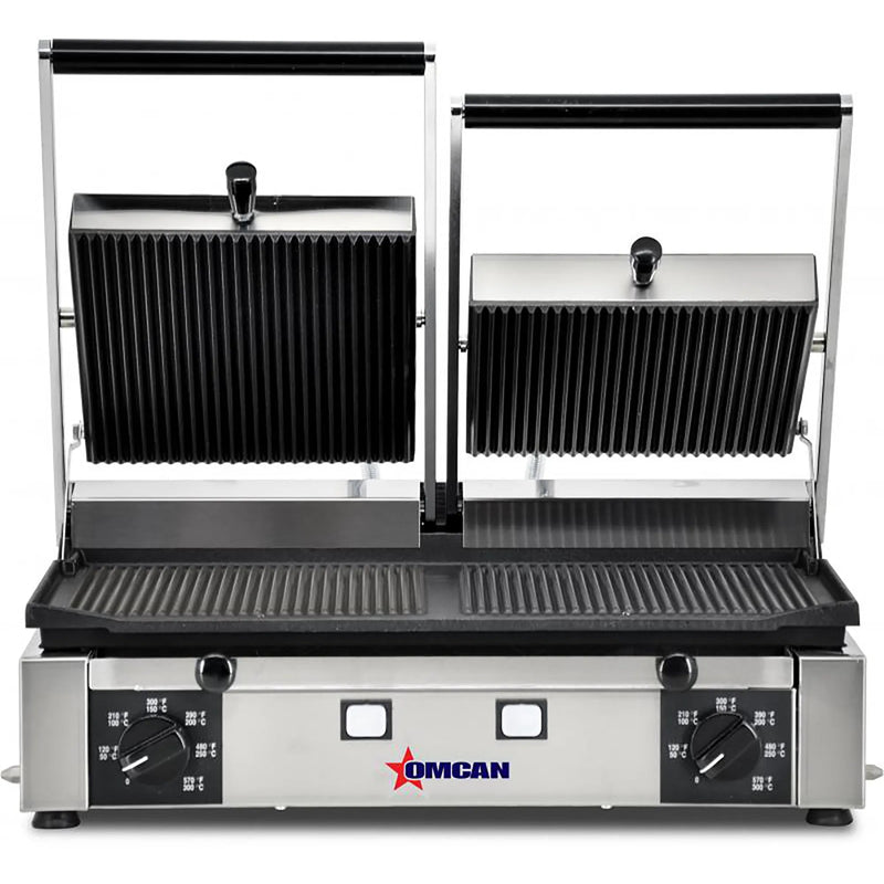 Omcan 11378 Elite Series double 10 x 19 inch panini grill, 220V, twin ribbed top plates and fully ribbed bottom plate