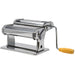 Omcan 13229 manual residential pasta sheeter in chrome-plated steel with wooden handle crank, angled view